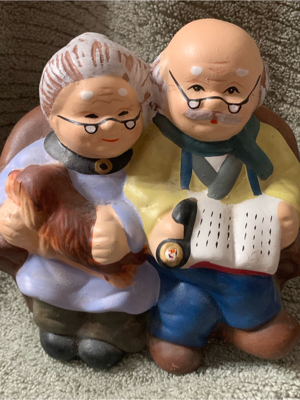 Hand-Painted Elderly Couple Ceramic Figurine in Multicolor